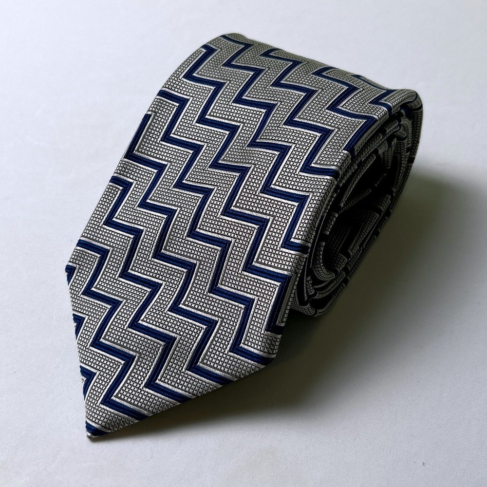 J.Z. Richards Silk Geometric Zig Zag Necktie OS Silver Navy Blue Formal Office